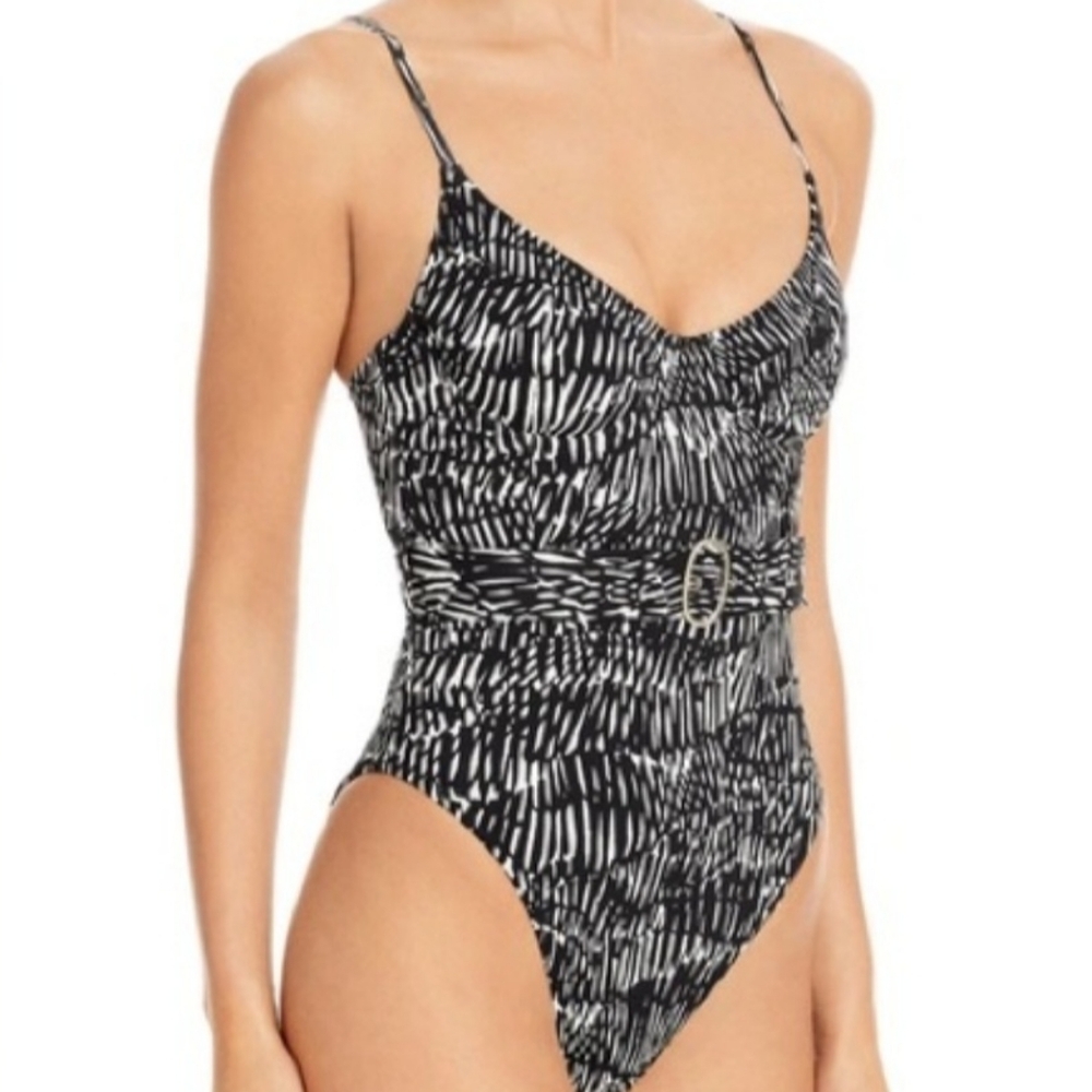 Johnathan Simkhai Noa One Piece In Black Abstract Fern- ( Missing Belt)